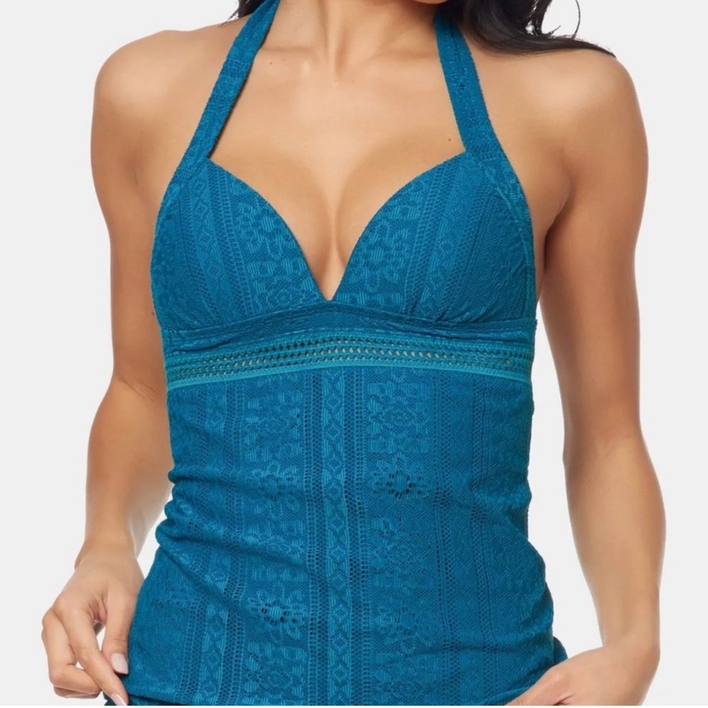 Jessica Simpson Womens Cameo Lacy Overlay-SZ S-Crochet Sweetheart Halter Tankini